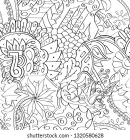 Tracery seamless pattern. Mehndi design. Ethnic monochrome binary doodle texture. Curved doodling black and white background. Vector