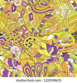 Tracery seamless pattern. Mehndi design. Ethnic colorful doodle texture. Curved doodling background. Vector