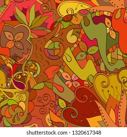Tracery seamless pattern. Mehndi design. Ethnic colorful doodle texture. Curved doodling background. Vector
