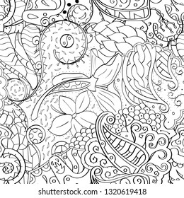 Tracery seamless pattern. Mehndi design. Ethnic monochrome binary doodle texture. Curved doodling black and white background. Vector