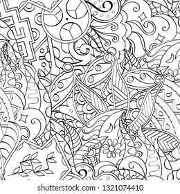 Tracery seamless pattern. Mehndi design. Ethnic monochrome binary doodle texture. Curved doodling black and white background. Vector