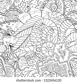 Tracery seamless pattern. Mehndi design. Ethnic monochrome binary doodle texture. Curved doodling black and white background. Vector