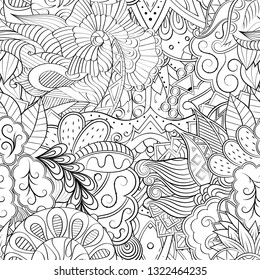 Tracery seamless pattern. Mehndi design. Ethnic monochrome binary doodle texture. Curved doodling black and white background. Vector