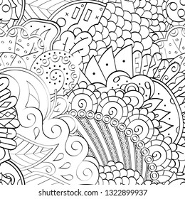 Tracery seamless pattern. Mehndi design. Ethnic monochrome binary doodle texture. Curved doodling black and white background. Vector