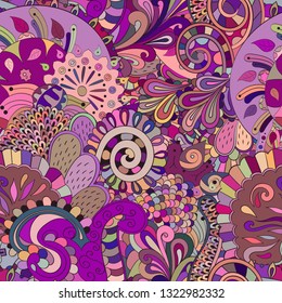 Tracery seamless pattern. Mehndi design. Ethnic colorful doodle texture. Curved doodling background. Vector