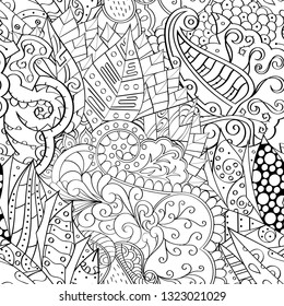 Tracery seamless pattern. Mehndi design. Ethnic monochrome binary doodle texture. Curved doodling black and white background. Vector