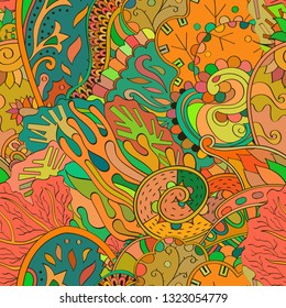 Tracery seamless pattern. Mehndi design. Ethnic colorful doodle texture. Curved doodling background. Vector
