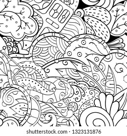 Tracery seamless pattern. Mehndi design. Ethnic monochrome binary doodle texture. Curved doodling black and white background. Vector