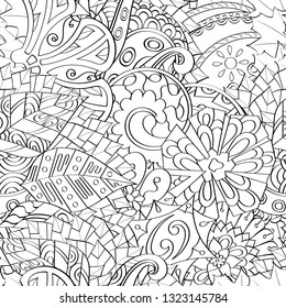 Tracery seamless pattern. Mehndi design. Ethnic monochrome binary doodle texture. Curved doodling black and white background. Vector