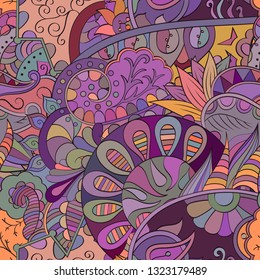 Tracery seamless pattern. Mehndi design. Ethnic colorful doodle texture. Curved doodling background. Vector