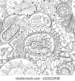 Tracery seamless pattern. Mehndi design. Ethnic monochrome binary doodle texture. Curved doodling black and white background. Vector