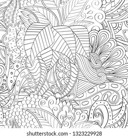 Tracery seamless pattern. Mehndi design. Ethnic monochrome binary doodle texture. Curved doodling black and white background. Vector