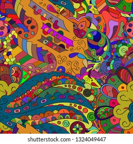 Tracery seamless pattern. Mehndi design. Ethnic colorful doodle texture. Curved doodling background. Vector