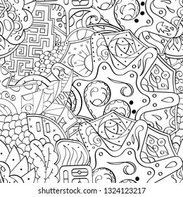 Tracery seamless pattern. Mehndi design. Ethnic monochrome binary doodle texture. Curved doodling black and white background. Vector