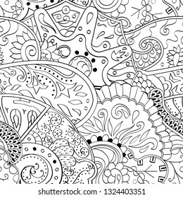 Tracery seamless pattern. Mehndi design. Ethnic monochrome binary doodle texture. Curved doodling black and white background. Vector