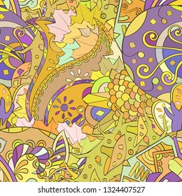 Tracery seamless pattern. Mehndi design. Ethnic colorful doodle texture. Curved doodling background. Vector