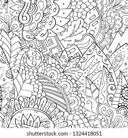 Tracery seamless pattern. Mehndi design. Ethnic monochrome binary doodle texture. Curved doodling black and white background. Vector