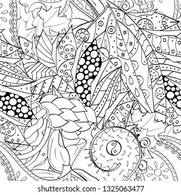 Tracery seamless pattern. Mehndi design. Ethnic monochrome binary doodle texture. Curved doodling black and white background. Vector