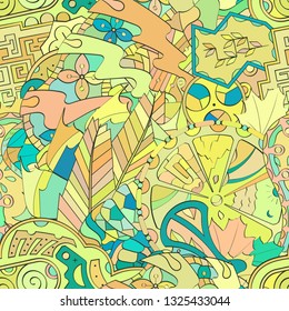 Tracery seamless pattern. Mehndi design. Ethnic colorful doodle texture. Curved doodling background. Vector