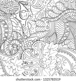 Tracery seamless pattern. Mehndi design. Ethnic monochrome binary doodle texture. Curved doodling black and white background. Vector