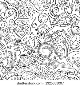 Tracery seamless pattern. Mehndi design. Ethnic monochrome binary doodle texture. Curved doodling black and white background. Vector