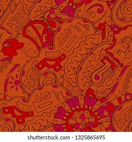 Tracery seamless pattern. Mehndi design. Ethnic colorful doodle texture. Curved doodling background. Vector