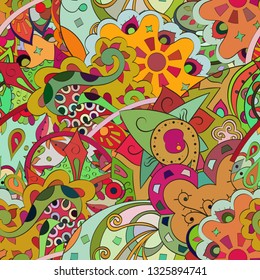 Tracery seamless pattern. Mehndi design. Ethnic colorful doodle texture. Curved doodling background. Vector