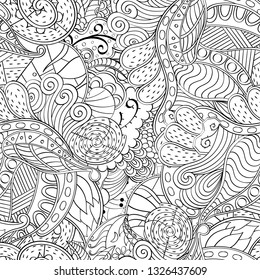 Tracery seamless pattern. Mehndi design. Ethnic monochrome binary doodle texture. Curved doodling black and white background. Vector