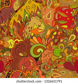 Tracery seamless pattern. Mehndi design. Ethnic colorful doodle texture. Curved doodling background. Vector