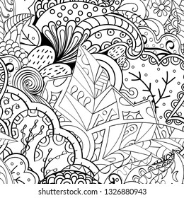 Tracery seamless pattern. Mehndi design. Ethnic monochrome binary doodle texture. Curved doodling black and white background. Vector