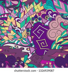Tracery seamless pattern. Mehndi design. Ethnic colorful doodle texture. Curved doodling background. Vector