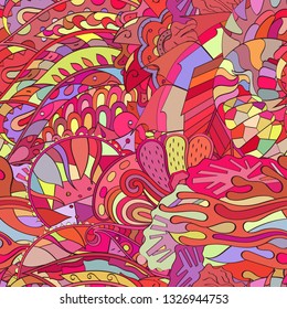 Tracery seamless pattern. Mehndi design. Ethnic colorful doodle texture. Curved doodling background. Vector