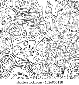 Tracery seamless pattern. Mehndi design. Ethnic monochrome binary doodle texture. Curved doodling black and white background. Vector