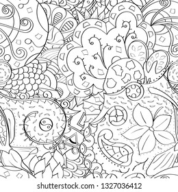Tracery seamless pattern. Mehndi design. Ethnic monochrome binary doodle texture. Curved doodling black and white background. Vector