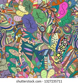 Tracery seamless pattern. Mehndi design. Ethnic colorful doodle texture. Curved doodling background. Vector