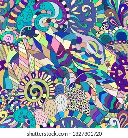 Tracery seamless pattern. Mehndi design. Ethnic colorful doodle texture. Curved doodling background. Vector