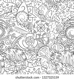 Tracery seamless pattern. Mehndi design. Ethnic monochrome binary doodle texture. Curved doodling black and white background. Vector