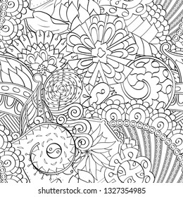 Tracery seamless pattern. Mehndi design. Ethnic monochrome binary doodle texture. Curved doodling black and white background. Vector