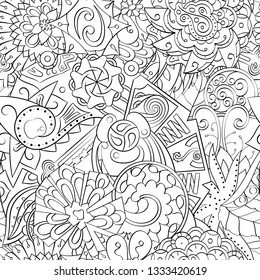 Tracery seamless pattern. Mehndi design. Ethnic monochrome binary doodle texture. Curved doodling black and white background. Vector