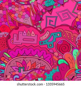 Tracery seamless pattern. Mehndi design. Ethnic colorful doodle texture. Curved doodling background. Vector