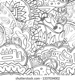 Tracery seamless pattern. Mehndi design. Ethnic monochrome binary doodle texture. Curved doodling black and white background. Vector