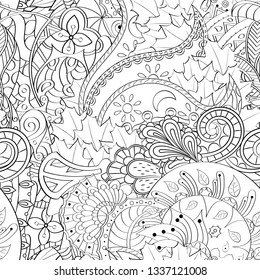 Tracery seamless pattern. Mehndi design. Ethnic monochrome binary doodle texture. Curved doodling black and white background. Vector