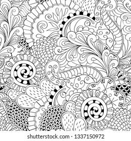 Tracery seamless pattern. Mehndi design. Ethnic monochrome binary doodle texture. Curved doodling black and white background. Vector