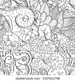 Tracery seamless pattern. Mehndi design. Ethnic monochrome binary doodle texture. Curved doodling black and white background. Vector