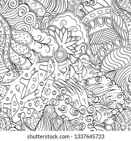 Tracery seamless pattern. Mehndi design. Ethnic monochrome binary doodle texture. Curved doodling black and white background. Vector