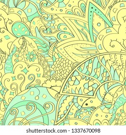 Tracery seamless pattern. Mehndi design. Ethnic colorful doodle texture. Curved doodling background. Vector