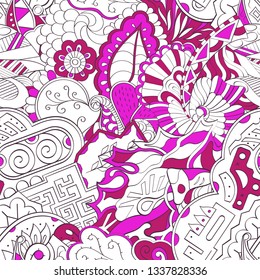 Tracery seamless pattern. Mehndi design. Ethnic colorful doodle texture. Curved doodling background. Vector