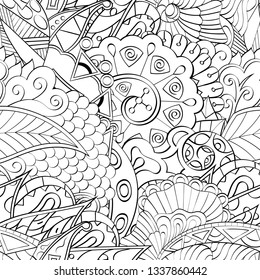 Tracery seamless pattern. Mehndi design. Ethnic monochrome binary doodle texture. Curved doodling black and white background. Vector