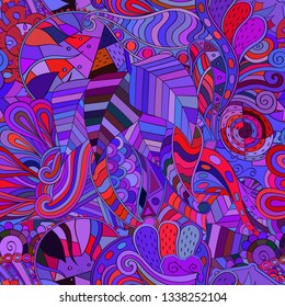 Tracery seamless pattern. Mehndi design. Ethnic colorful doodle texture. Curved doodling background. Vector