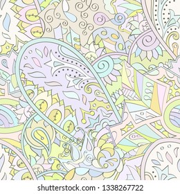 Tracery seamless pattern. Mehndi design. Ethnic colorful doodle texture. Curved doodling background. Vector